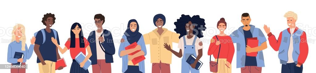 A diverse group of students carrying school books and smiling as they greet each other. 